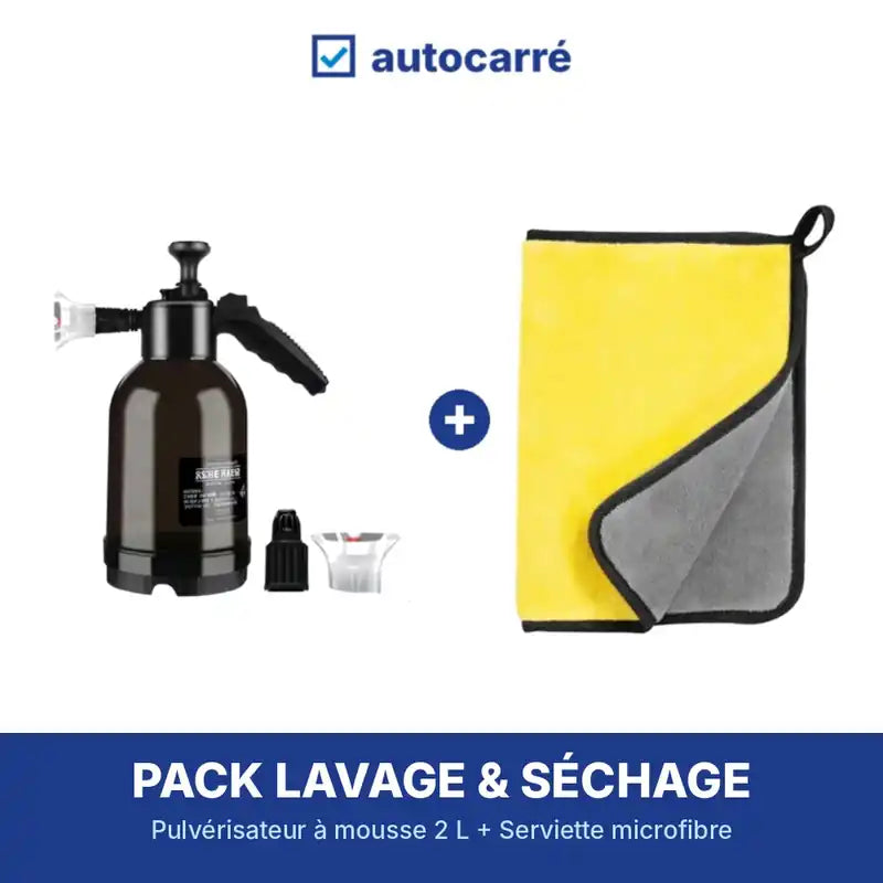 Pack Lavage & Séchage AutoCarré : pulvérisateur à mousse et serviette microfibre